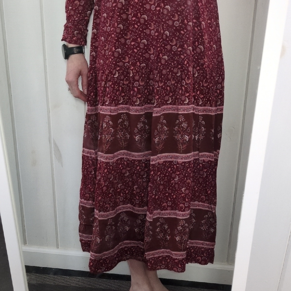 Front Lace Up Long Sleeve Tiered allover Boho Red Floral Women's Maxi Dress S - Picture 9 of 9